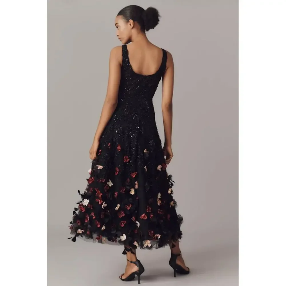 NEW Mag Duggal Sequin Floral Appliqué 3D FlowersBlack Midi Dress Size 10 - Picture 11 of 15